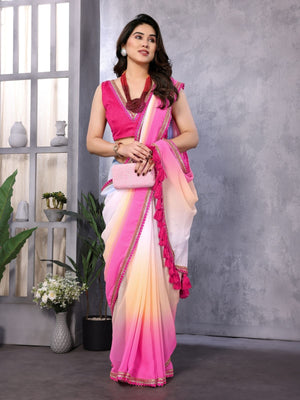 Rajwada Multicolor Georgette Lace Work Saree With Unstitched Blouse For Women