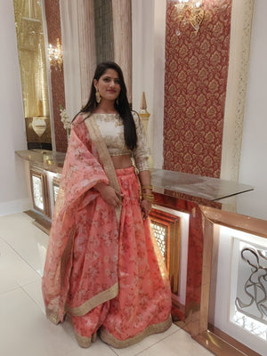 Rajwada Pink Organza Printed Semi-Stitched lehenga For Women