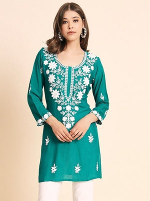 Rajwada Sea Green Rayon Embroidered Kurti For Women