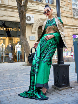 Rajwada Green Satin Printed Saree With Unstitched Blouse For Women