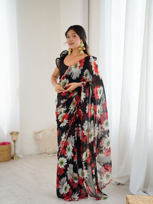 Rajwada Black Georgette Floral Print Saree For Women