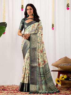 Rajwada Green Silk Blend Printed Saree For Women