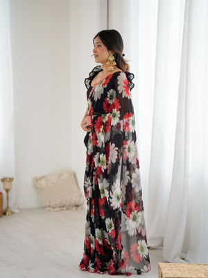 Rajwada Black Georgette Floral Print Saree For Women