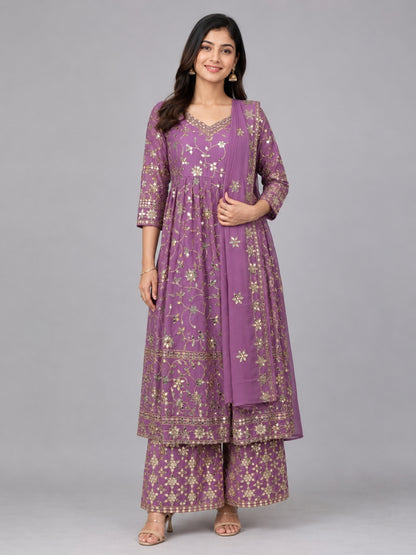 Lavender Silk Blend Embellished Kurta Set