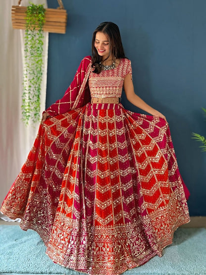 Rajwada Pink And Orange Georgette Embellished Semi-Stitched lehenga For Women