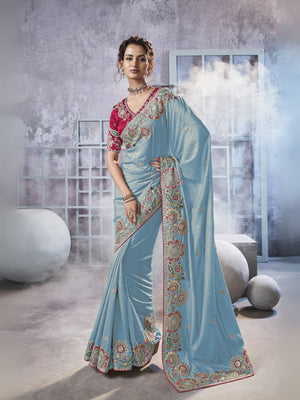 Rajwada Sky Blue Georgette Crush Embroidered Elegant Saree For Women