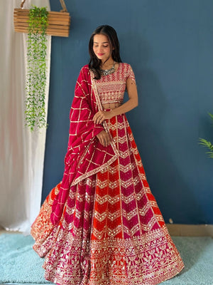 Rajwada Pink And Orange Georgette Embellished Semi-Stitched lehenga For Women
