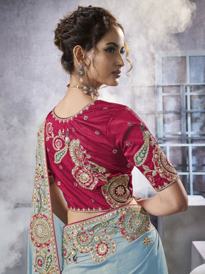 Rajwada Sky Blue Georgette Crush Embroidered Elegant Saree For Women