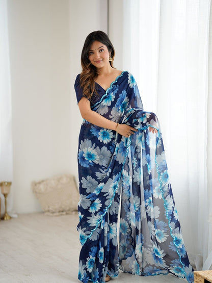 Rajwada Blue Georgette Floral Print Saree For Women