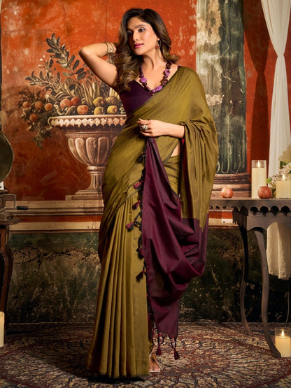 Rajwada Olive Cotton Blend Plain Saree For Women