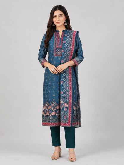 Teal Silk Blend Printed Kurta Set