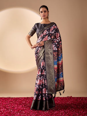 Rajwada Black Silk Blend Printed Saree For Women