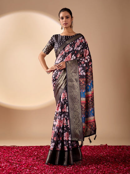 Rajwada Black Silk Blend Printed Saree For Women