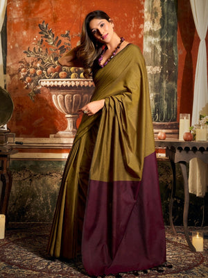 Rajwada Olive Cotton Blend Plain Saree For Women