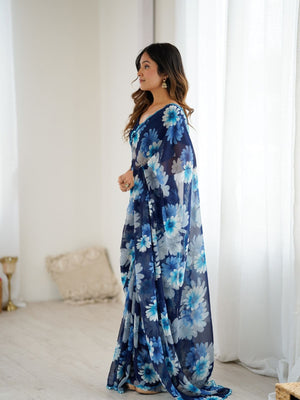 Rajwada Blue Georgette Floral Print Saree For Women