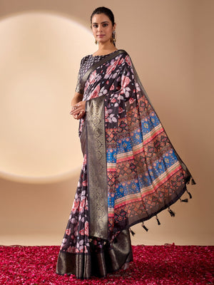 Rajwada Black Silk Blend Printed Saree For Women