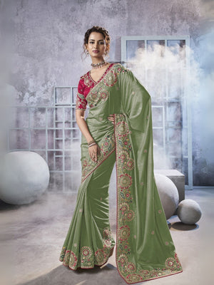Rajwada Light Green Georgette Crush Embroidered Elegant Saree For Women