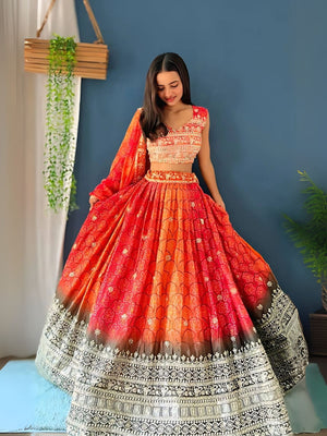 Rajwada Pink And Orange Silk Blend Embroidered Semi-Stitched lehenga For Women