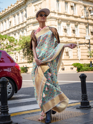 Rajwada Green Satin Printed Saree With Unstitched Blouse For Women