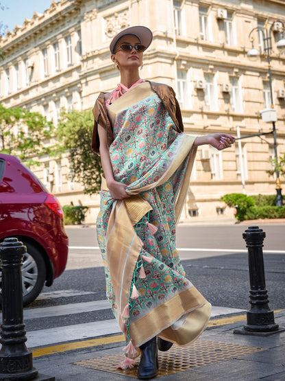 Rajwada Green Satin Printed Saree With Unstitched Blouse For Women