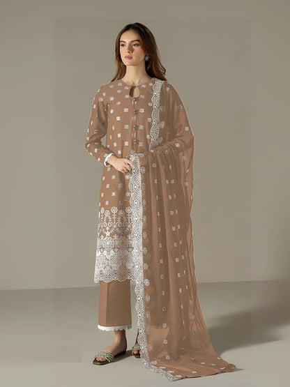 Rajwada Beige Georgette Embroidered Semi Stitched Kurta Set For Women