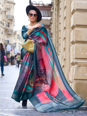 Rajwada Teal Silk Blend Printed Saree With Unstitched Blouse For Women