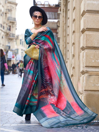 Rajwada Teal Silk Blend Printed Saree With Unstitched Blouse For Women
