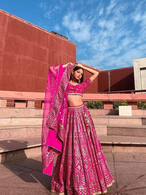 Rajwada Pink Silk Blend Embellished Semi-Stitched Lehenga For Women