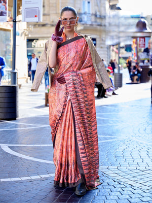 Rajwada Orange Satin Printed Saree With Unstitched Blouse For Women