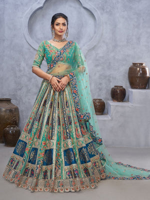 Rajwada Green Organza Embellished Semi-Stitched Lehenga With Unstitched Blouse For Women