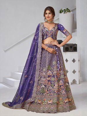 Rajwada Purple Organza Tissue Embroidered Semi-Stitched Lehenga For Women