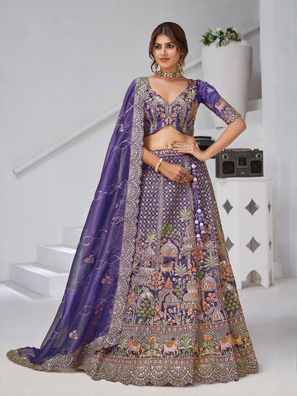 Rajwada Purple Organza Tissue Embroidered Semi-Stitched Lehenga For Women