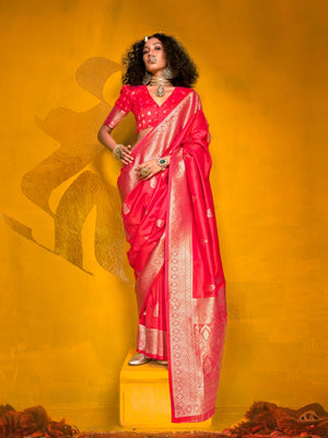 Rajwada Pink Silk Blend Woven Saree With Unstitched Blouse For Women