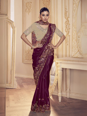 Rajwada Dark Purple Satin Embroidered Elegant Saree For Women