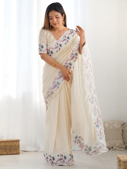 Rajwada Off White Silk Blend Embroidered Solid Saree For Women