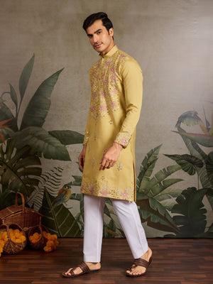 Rajwada Yellow Silk Blend Embroidered Stitched Kurta For Men