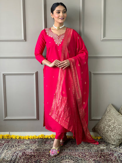 Rajwada Red Embroidered Viscose Stitched Kurta Set For Women