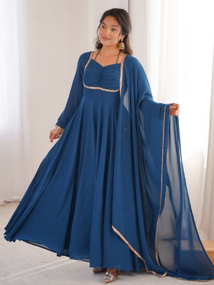 Rajwada Teal Blue Georgette Embellished Kurta Set For Women