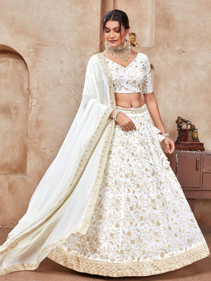 Rajwada White Silk Blend Embroidered Semi-Stitched Lehenga For Women
