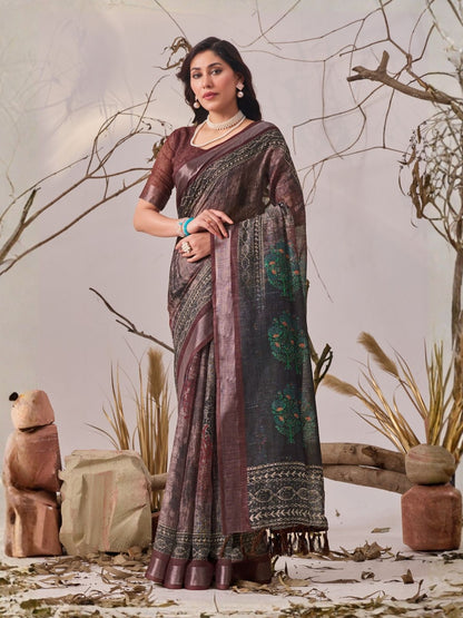 Rajwada Brown Linen Cotton Printed Saree For Women