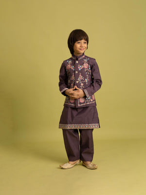 Rajwada Purple Viscose Silk Embroidered Stitched Kurta Set For Kids