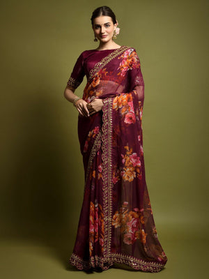 Rajwada Maroon Georgette Embroidered Printed Saree For Women