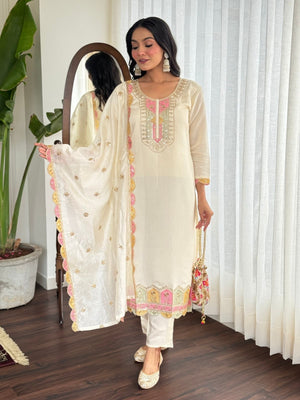 Rajwada White Viscose chanderi Embroidered Stitched Kurta Set For Women