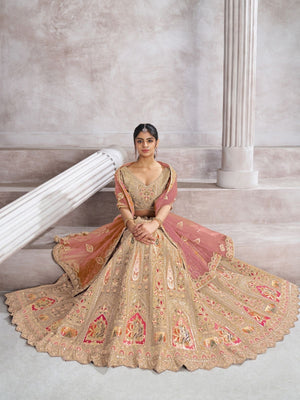Rajwada Beige Banarasi Silk Embroidered Semi-Stitched Lehenga For Women