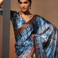 Rajwada Blue And Brown Satin Printed Saree With Unstitched Blouse For Women