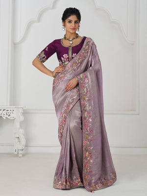 Rajwada Lavender Viscose Silk Embroidered Saree For Women