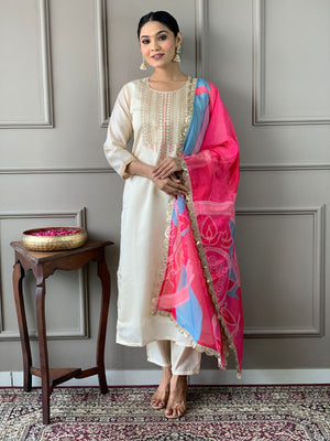 Rajwada Off White Viscose Embroidered Stitched Kurta Set For Women