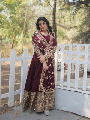 Rajwada Maroon Georgette Embroidered Stitched Gown With Dupatta For Women