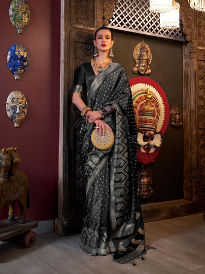 Rajwada Black Satin Woven Saree With Unstitched Blouse For Women