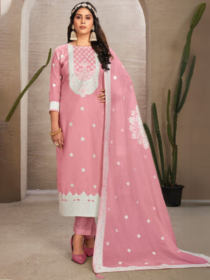 Rajwada Pink Organza Embroidered Semi-Stitched Kurta Set For Women